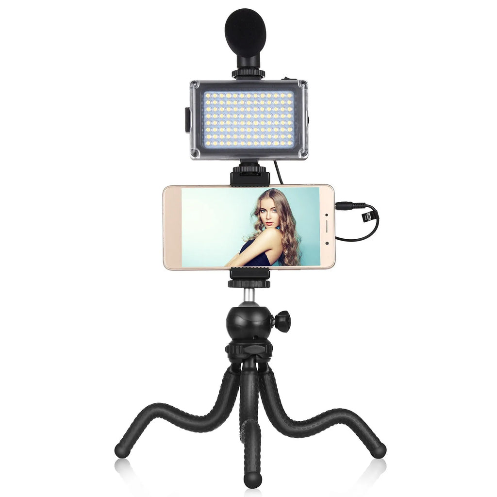 Black Octopus Yripod live broadcast kit with flexible legs, ballhead, and fill light microphone for iPhone.