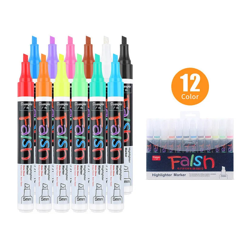 Electronic fluorescent board highlighter with oblique plastic body and a 6mm tip, shown with multi-colour refill options.