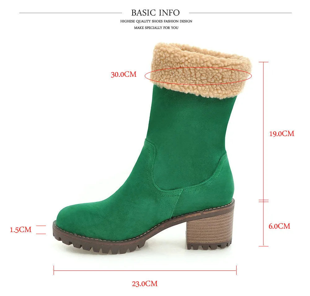 A pair of snow boots with a rubber sole and plush lining on a winter background.