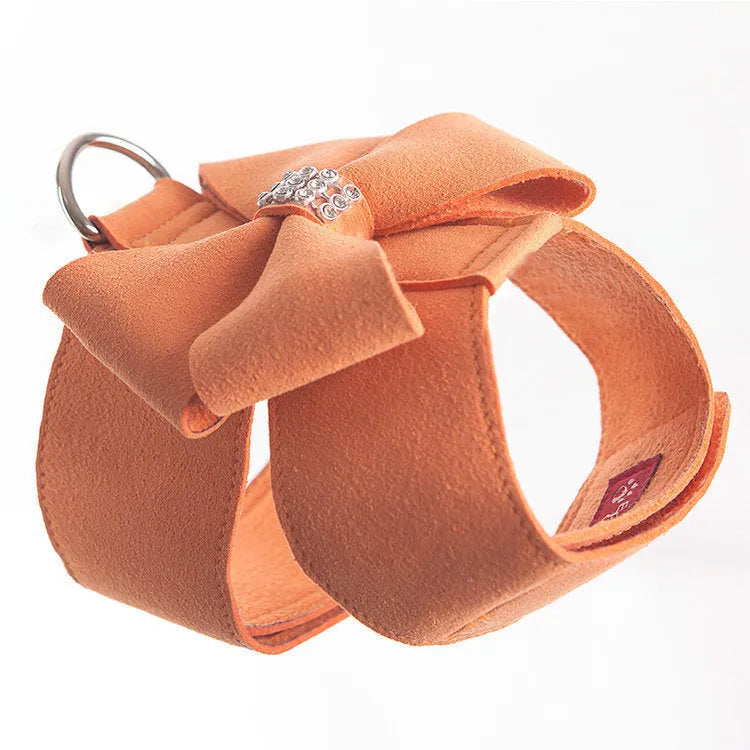 Dog chest strap with bowknot detail in microfiber available in pink, blue, and orange colours