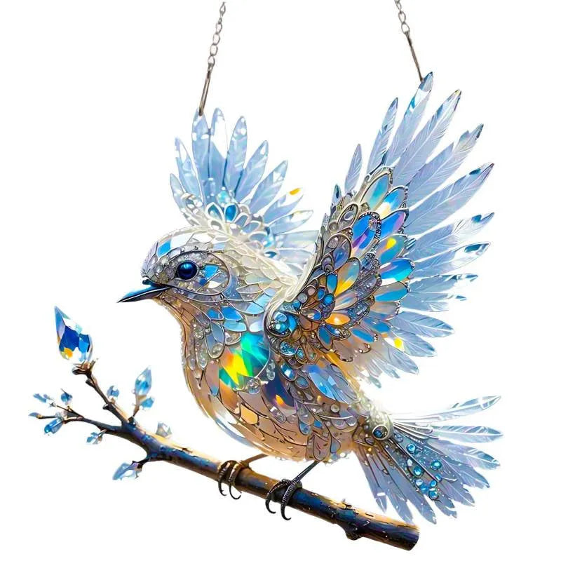 UV printed cartoon bird decoration on a square acrylic pendant with cardboard backing.