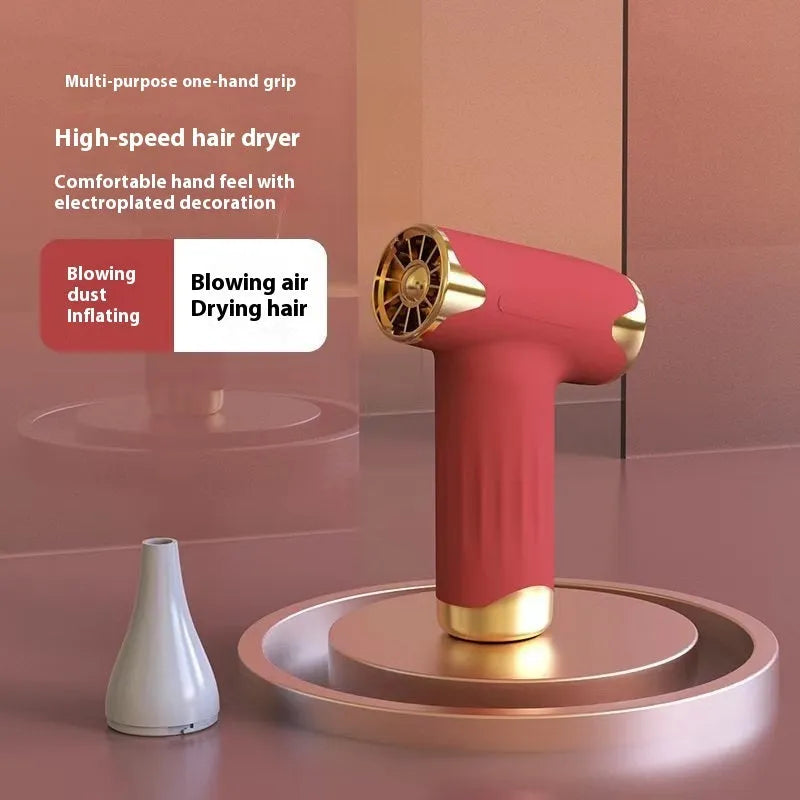 Blue handheld wireless portable fan with brushless motor on a table.