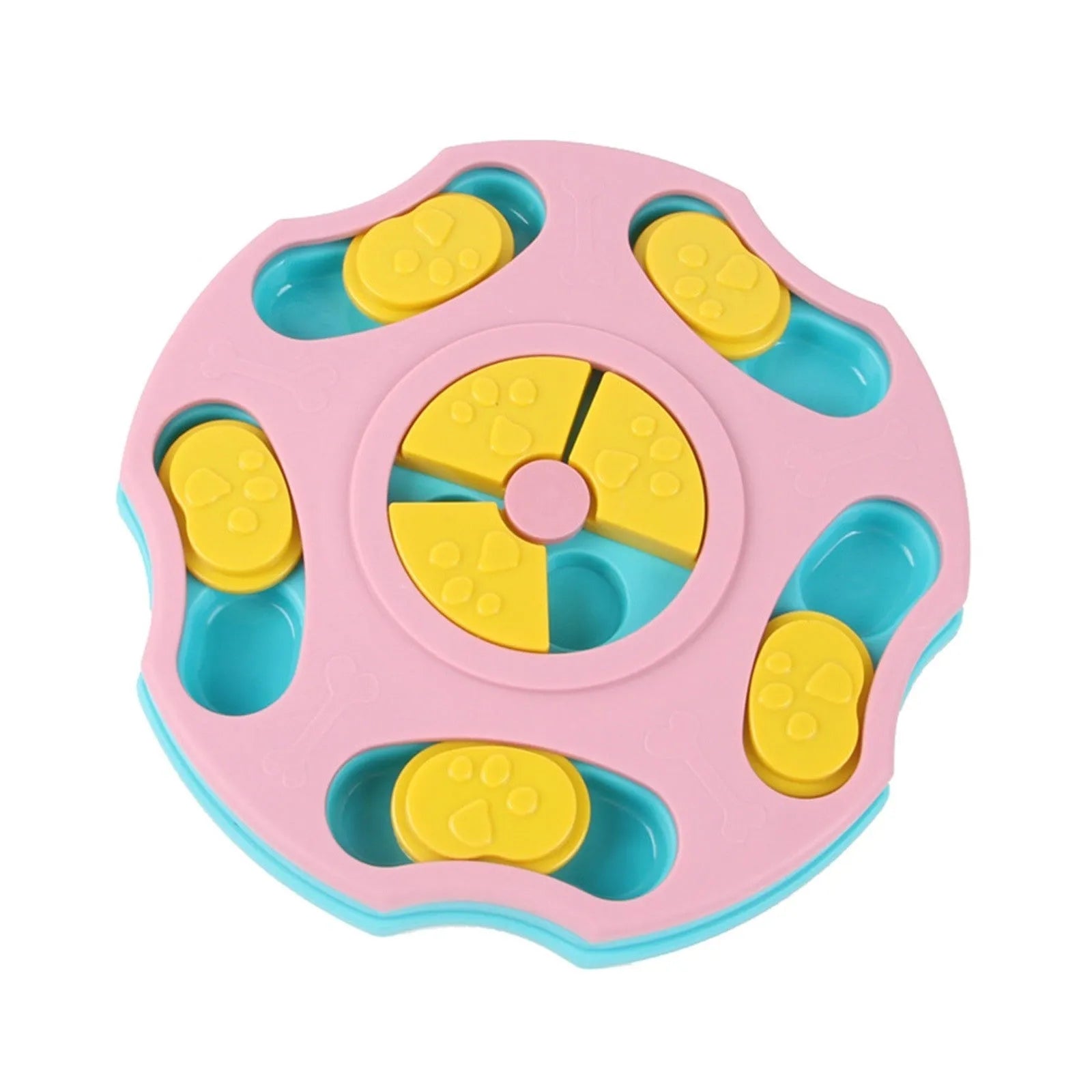 Blue dog puzzle feeder bowl with movable compartments for food-searching games and mental stimulation