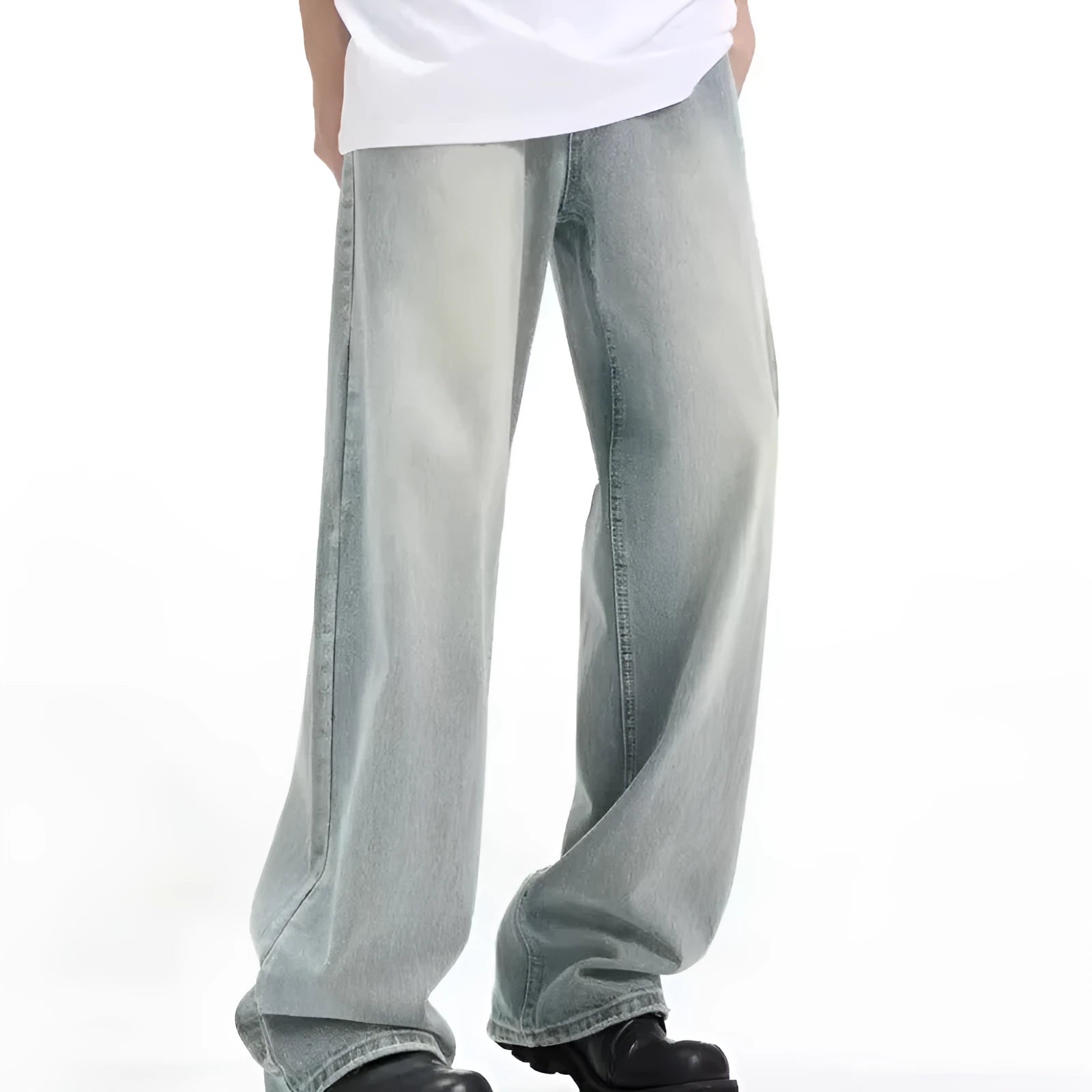 Blue rabbit fur retro casual trousers with a loose fit and elasticated waistband.