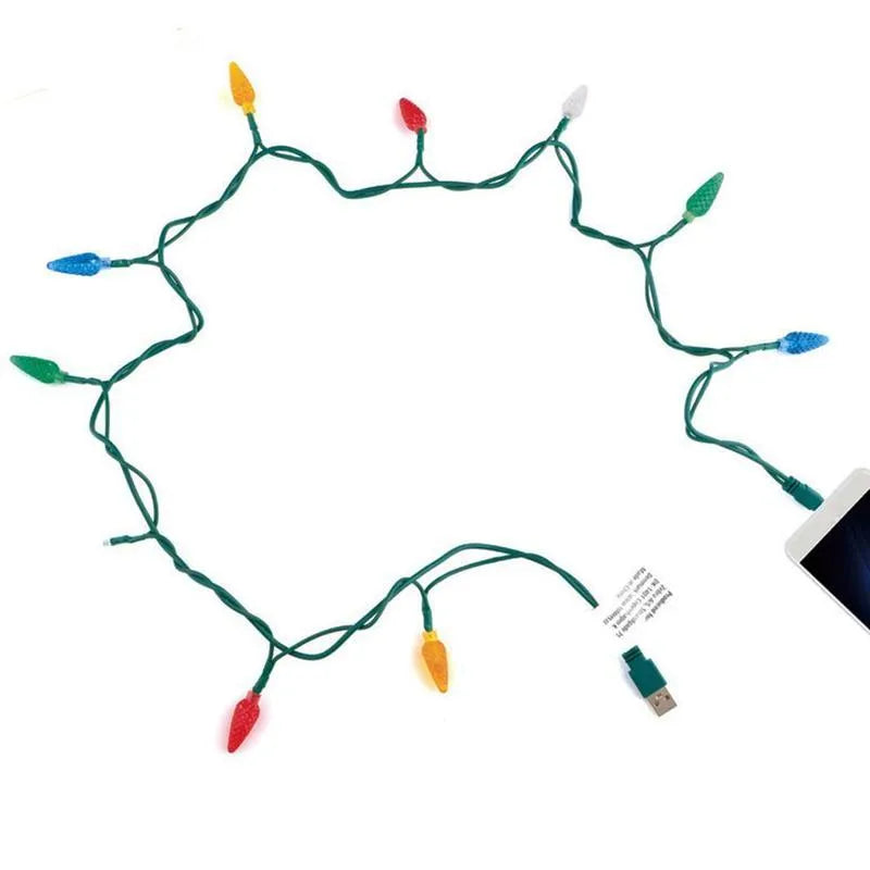 Green USB charging cable with 10 colourful LED lights flashing along its length