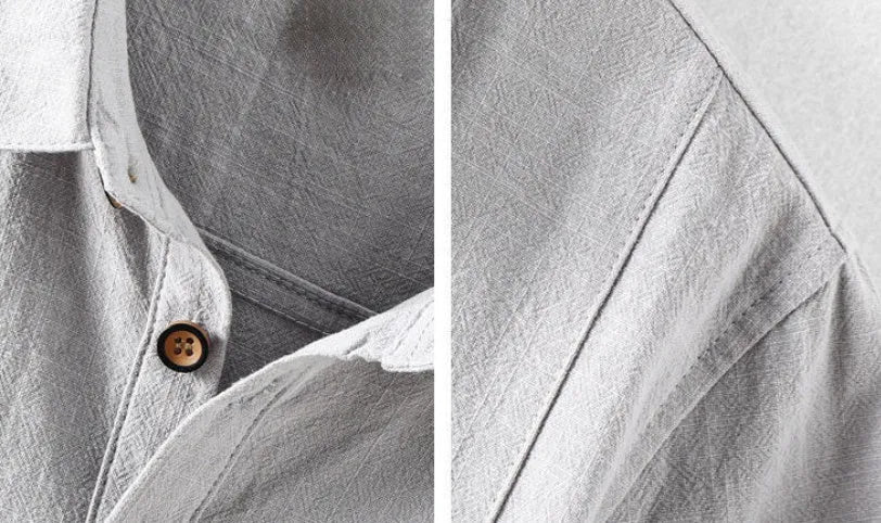 Men's loose fit linen blend casual shirt in solid colours: beige, light grey, navy blue, sky blue.