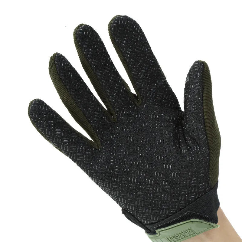 Camouflage full finger tactical gloves in green colour with textured grip