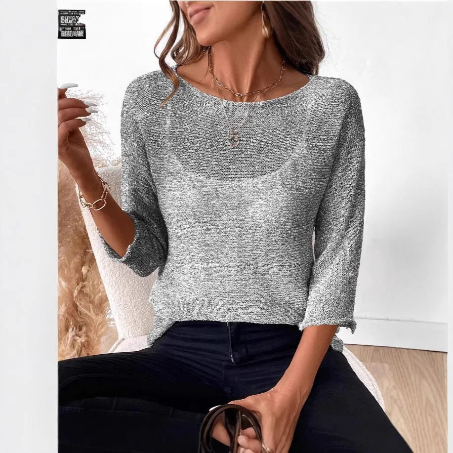 Women's knitted off-shoulder top in thin polyester fabric with 3/4 sleeves and 3D pattern