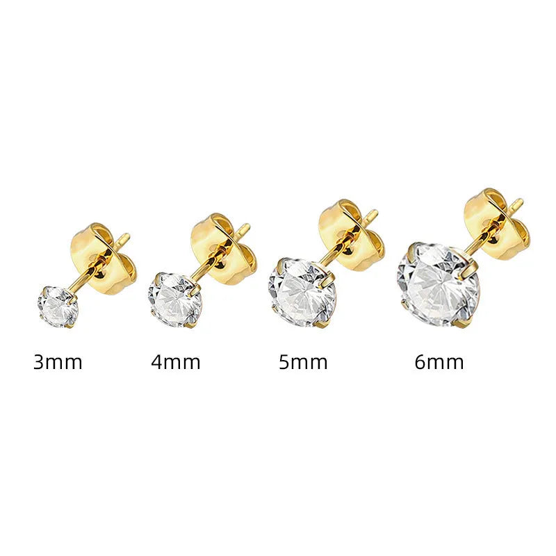 Square geometric titanium steel stud earrings with sparkling zircon stones in gold and steel colour.