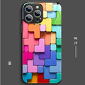 Colourful geometric building block design silicone case for iPhone on a white background.