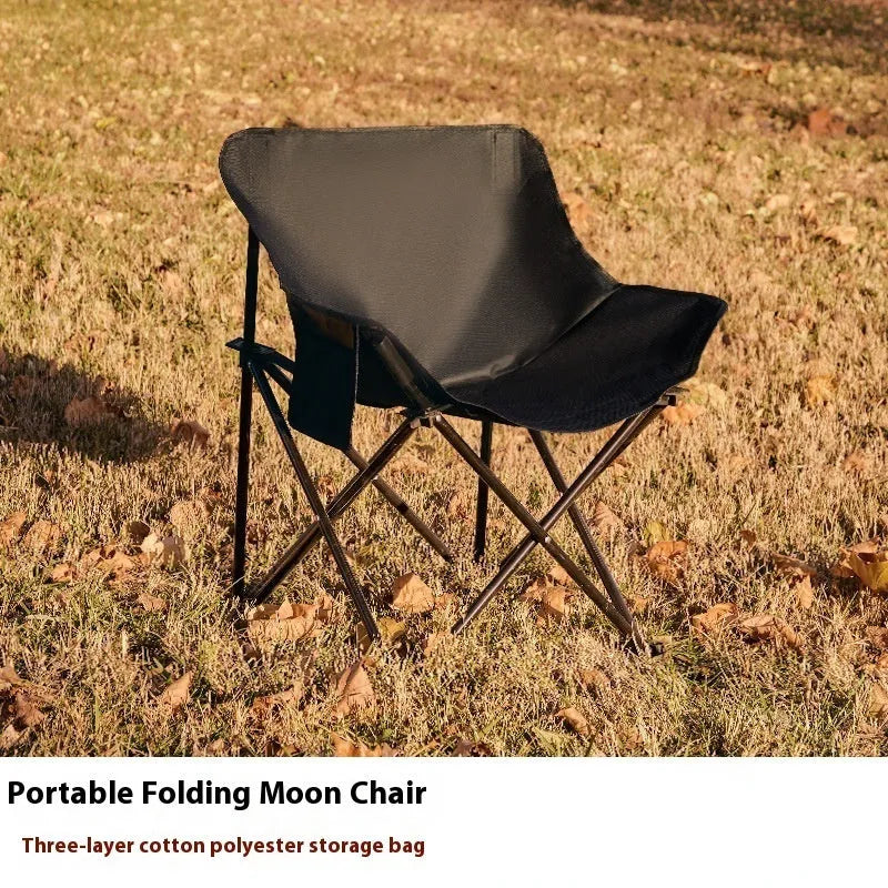 Beige folding camping chair with steel frame and Oxford cloth seat in open position