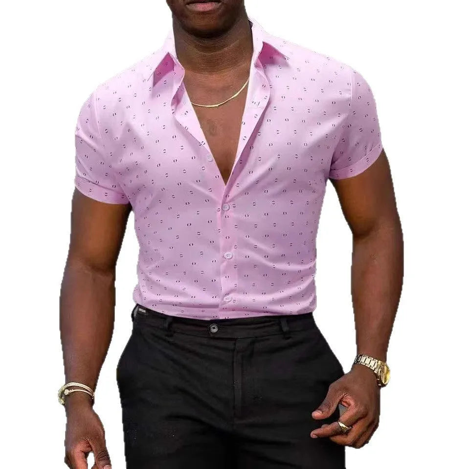 Light blue men's short-sleeved shirt with floral print, featuring a cardigan style and short sleeves.