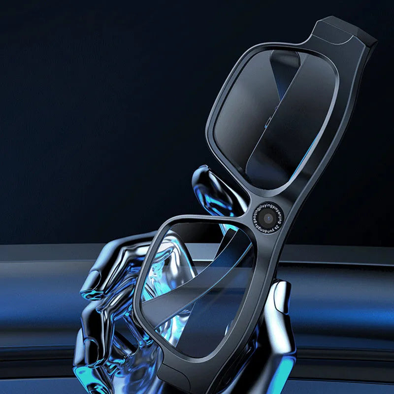 Black head-mounted smart Bluetooth glasses with transparent lens and camera for video recording
