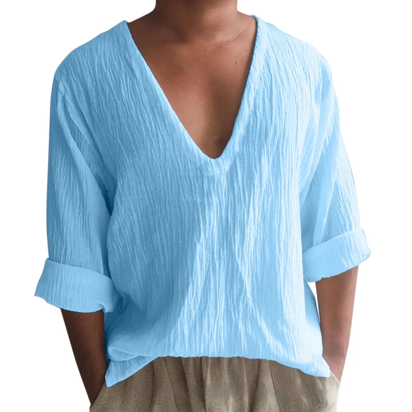 Men's long sleeve V-neck t-shirt in washed cotton fabric, shown in solid colour options.