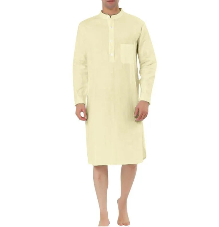 Men's cotton shirt robe in light blue with simple chest pocket, shown with relaxed fit for home wear