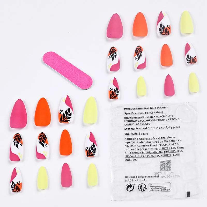 Wear Armour frosted finish nail stickers in medium almond shape showing four designs: French leaves, colourful plating, macarons, and leopard print.