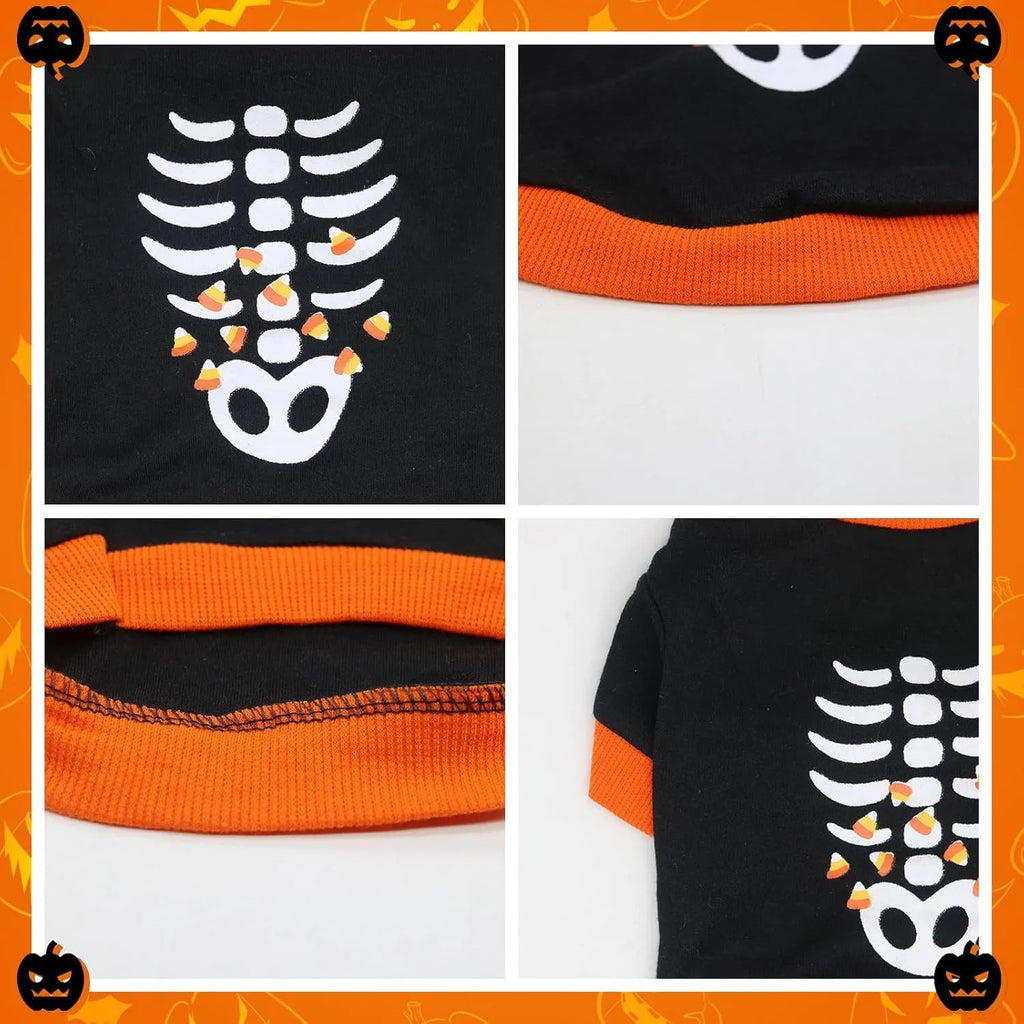 Orange Halloween dog skeleton costume sweatshirt made of soft cotton for small breed dogs