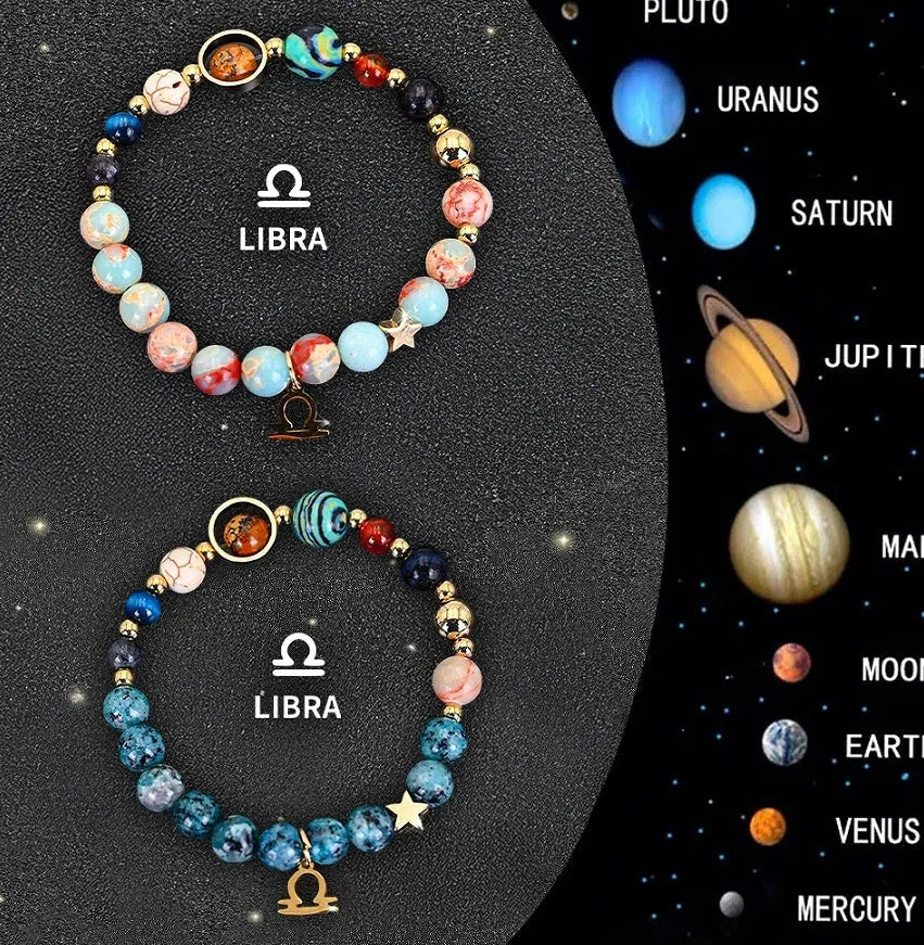 Set of two natural stone beaded bracelets showing zodiac sign charms on a wooden surface.