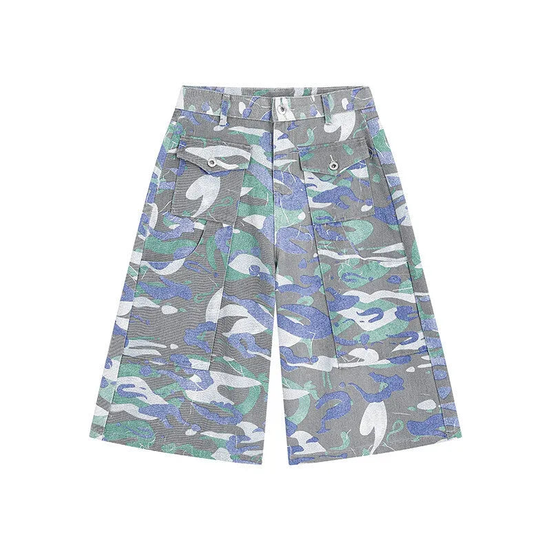 Men's camouflage cropped denim trousers with straight leg and utility pockets