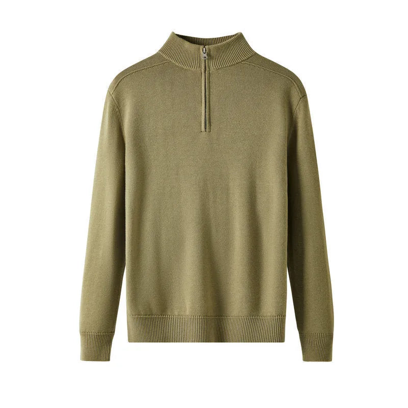 Men's slim-fit casual sweater in thickened wool, shown in a stone sand colour.