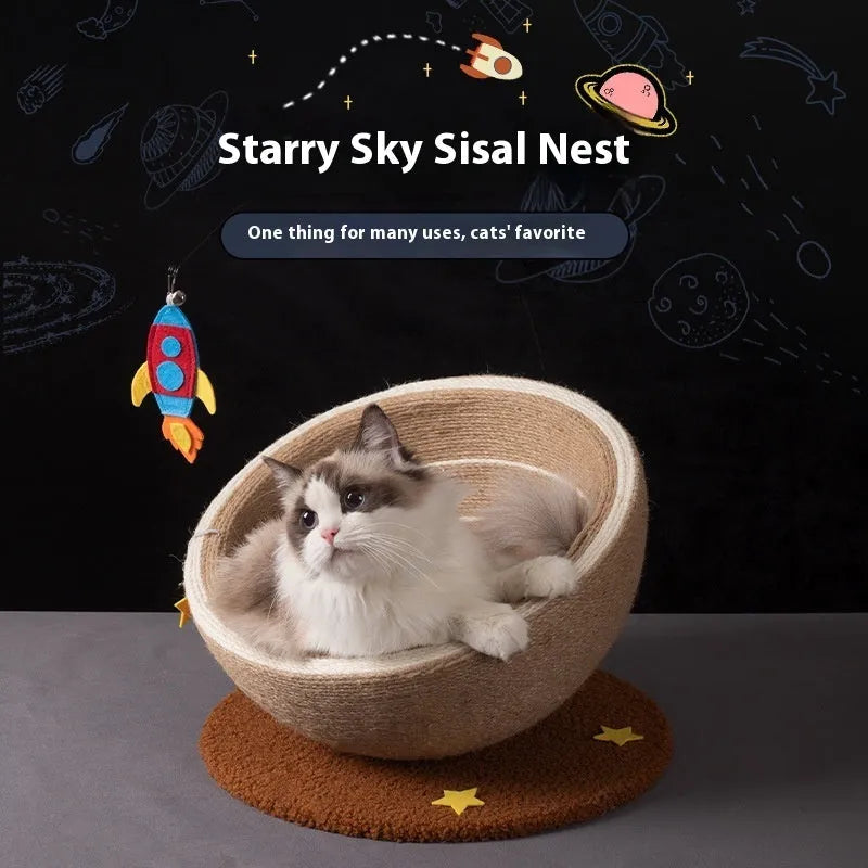 Large grey cat scratching basin and nest with sisal rope scratching surface and starry pattern design