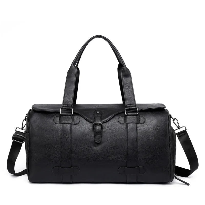 Black PU men's travel bag with large capacity, waterproof and wear-resistant, 52x27x27cm