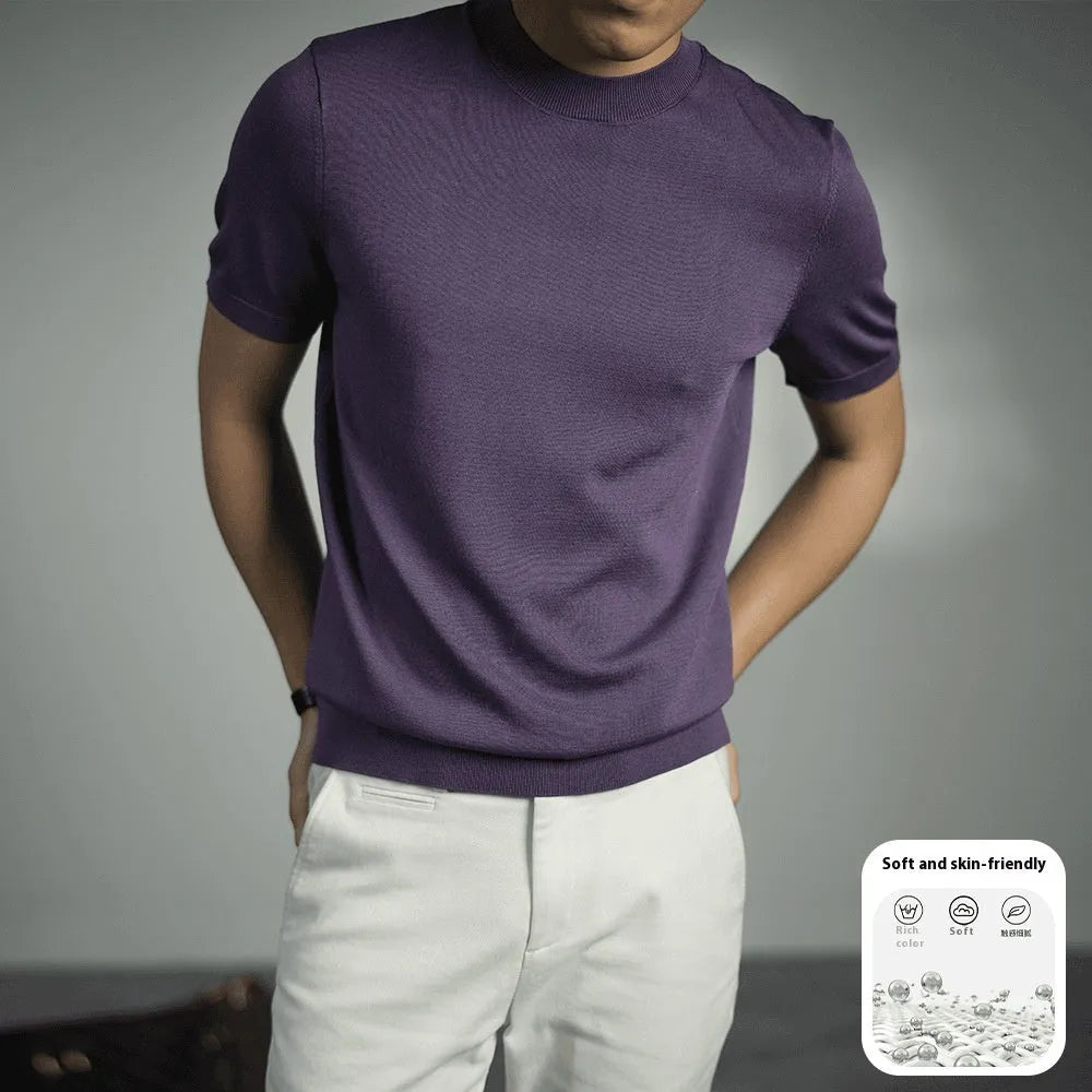 Men's knitted t-shirt in chemical fibre blend with round neck and short sleeves in solid colour options