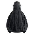 Black men's loose fit hooded cardigan coat with abstract pattern and zip front