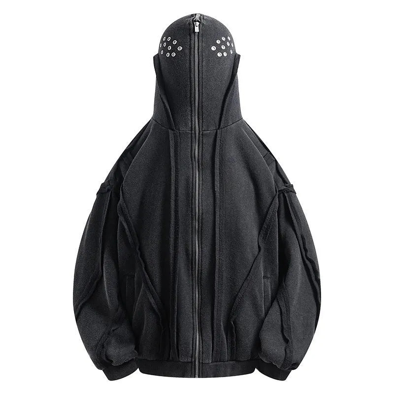 Black men's loose fit hooded cardigan coat with abstract pattern and zip front