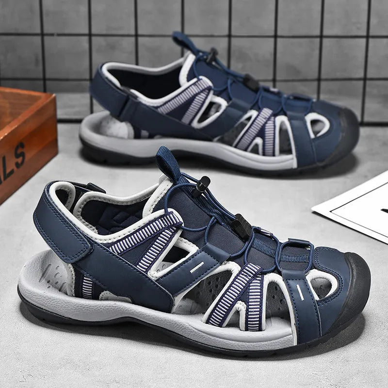 Men's blue and black mesh casual sports shoes with velcro strap and rubber sole