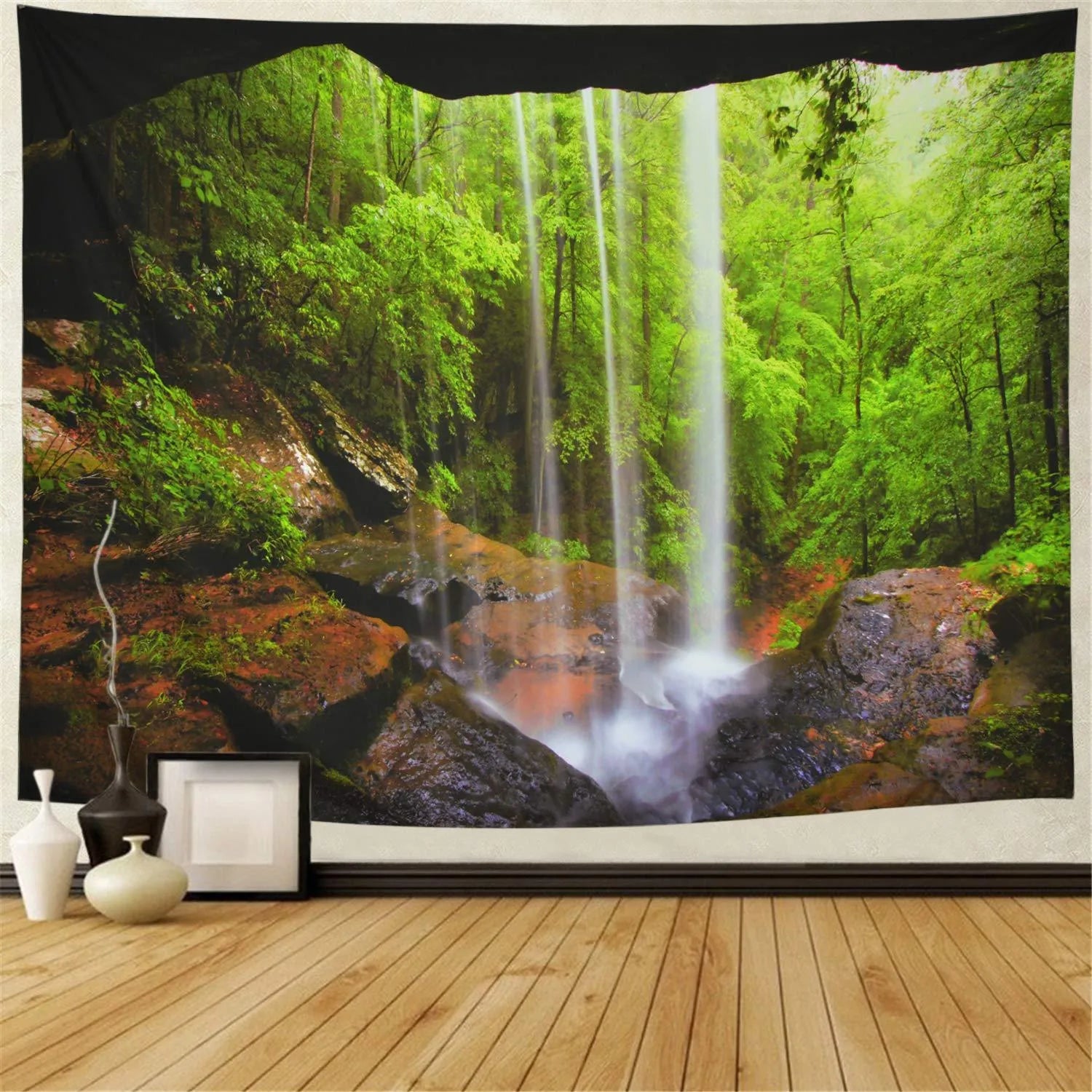 Large printed polyester wall tapestry with forest and mandala bohemian design in multiple size options
