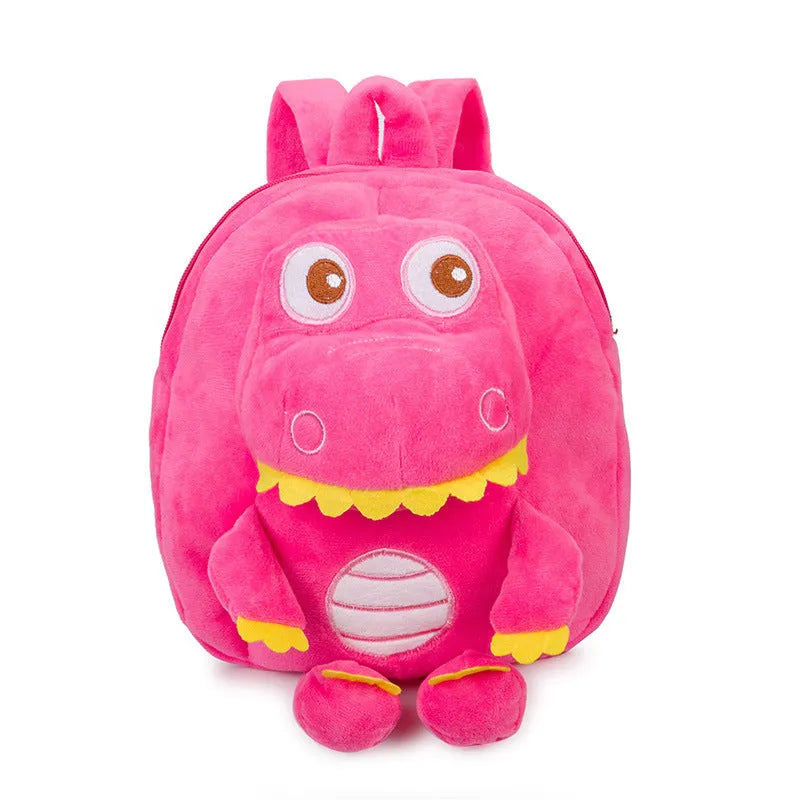 Colourful dinosaur plush backpack for children with soft handle and embroidery detail.