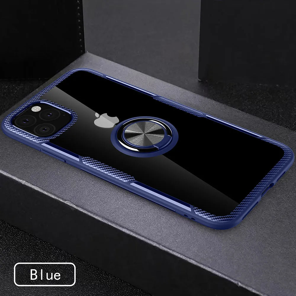 Black PU material phone case for iPhone 11 Pro Max showing precise cutouts for camera and ports.