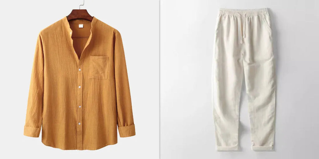 Men's brown cotton blend shirt and pants casual set on hanger
