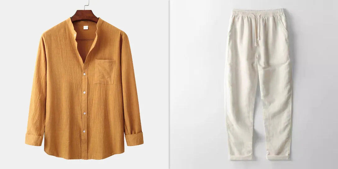 Men's brown cotton blend shirt and pants casual set on hanger