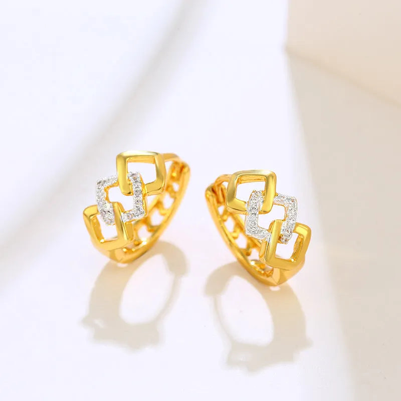 Geometric hollow-out gold electroplated alloy drop earrings with colour separation ear clip
