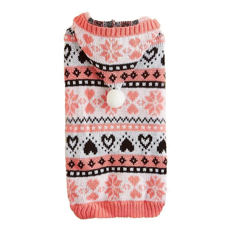 Acrylic knitted dog sweater with striped camouflage pattern and snowflake designs in pink, blue, or grey