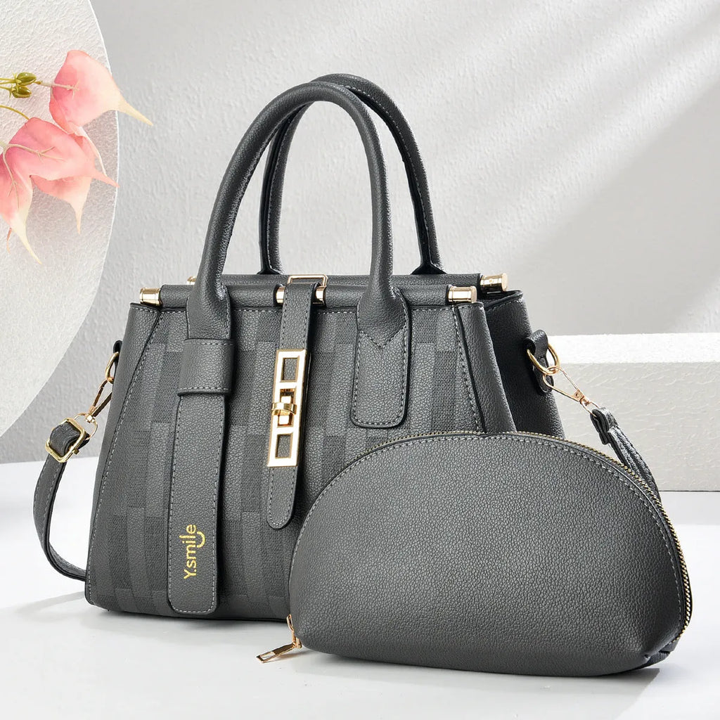 Round PU leather crossbody handbag in light khaki colour showing front view and adjustable shoulder strap.