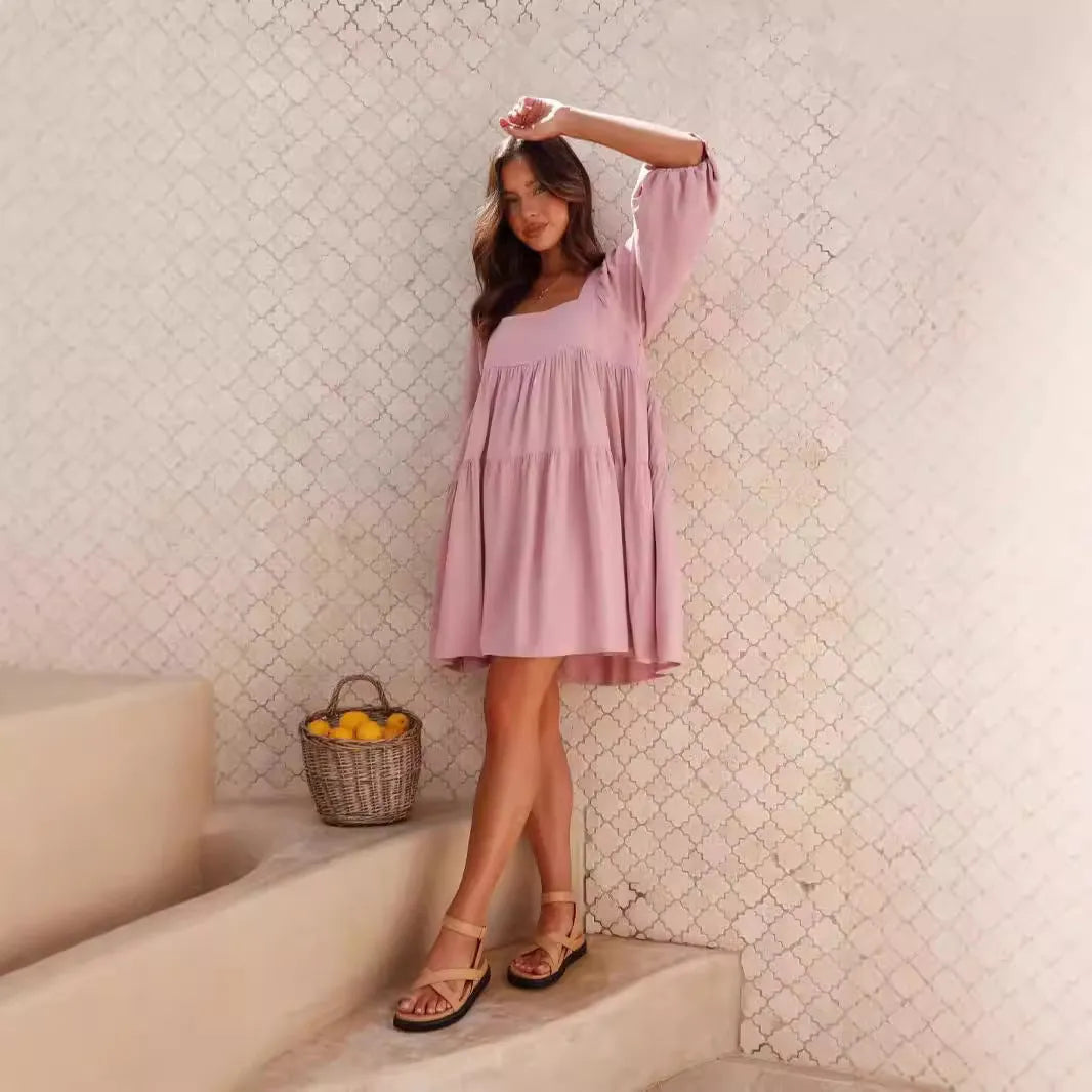 Children's orange backless pullover dress with square collar and puff sleeves, A-line skirt