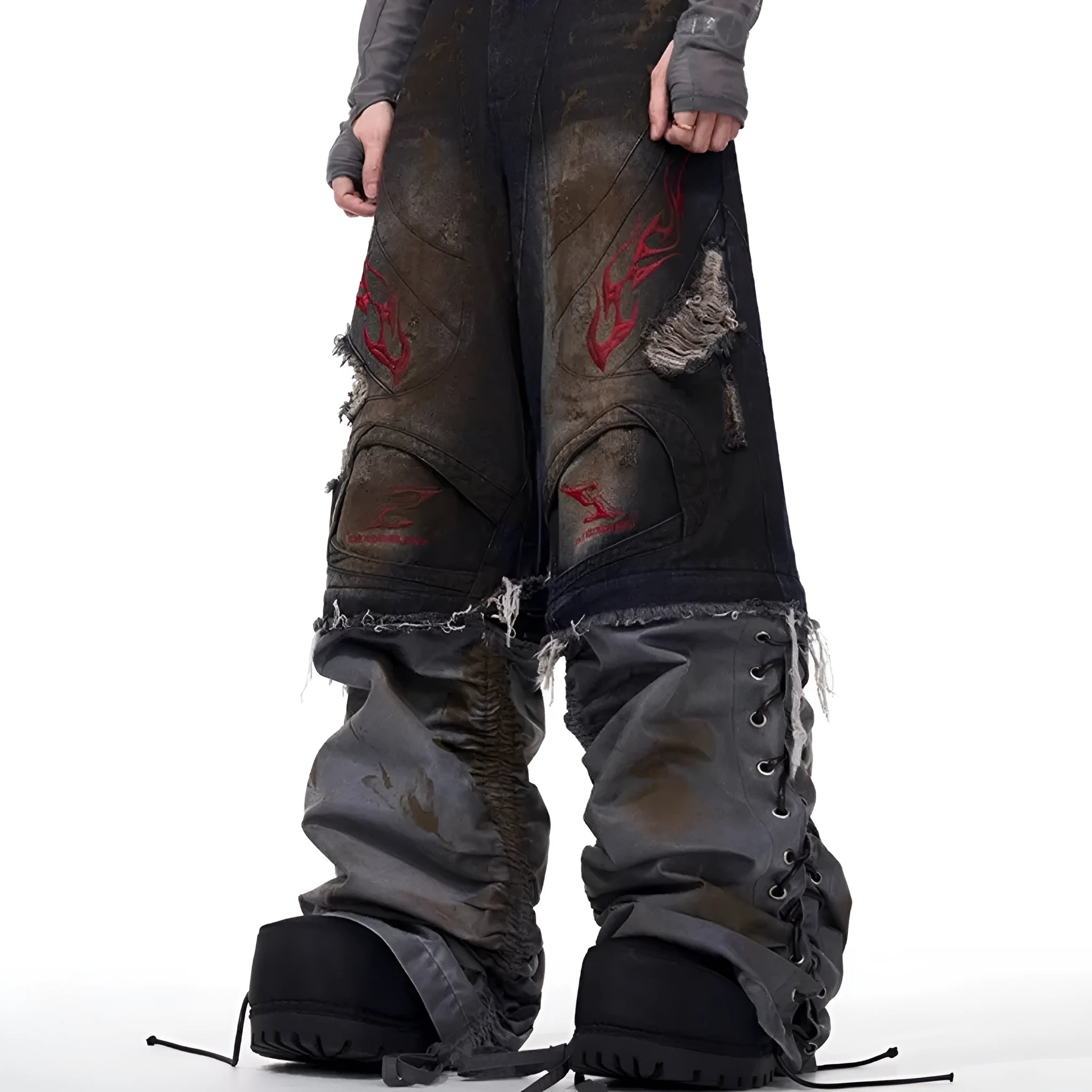 Men's retro jeans with detachable trouser legs showing loose wide-leg fit in picture colour denim