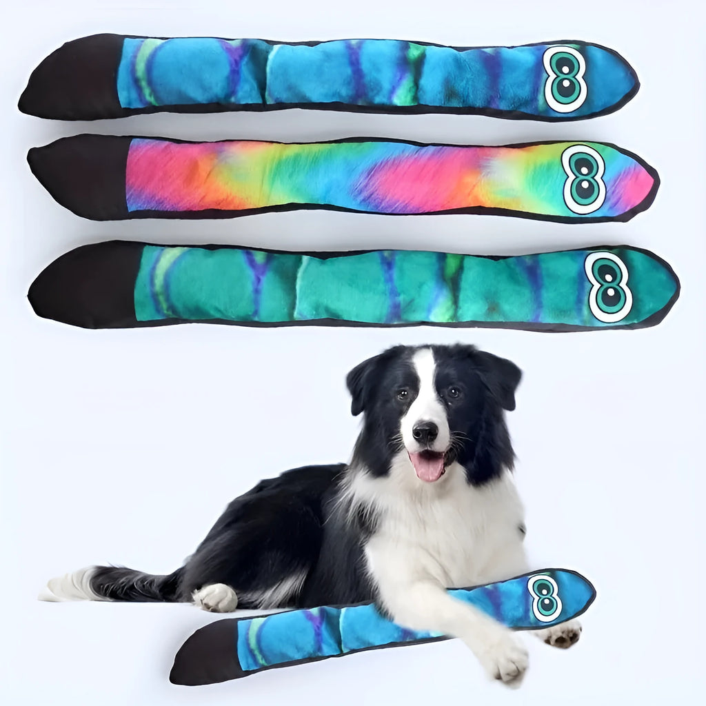 Rainbow stripe snake-shaped plush dog squeaky toy on a white background