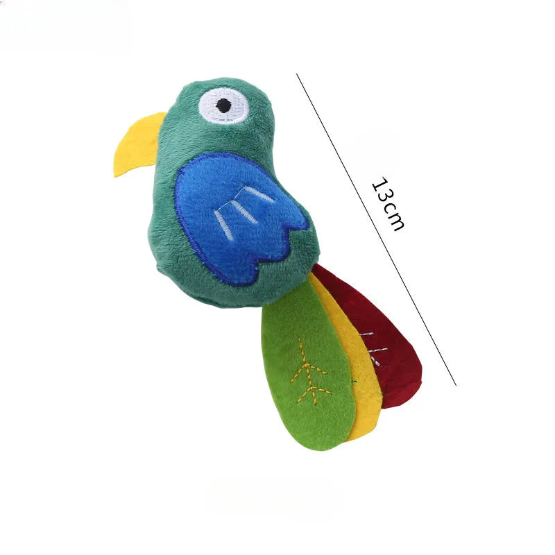 Cow parrot shape plush cat toy with colourful fabric and catnip filling for interactive play