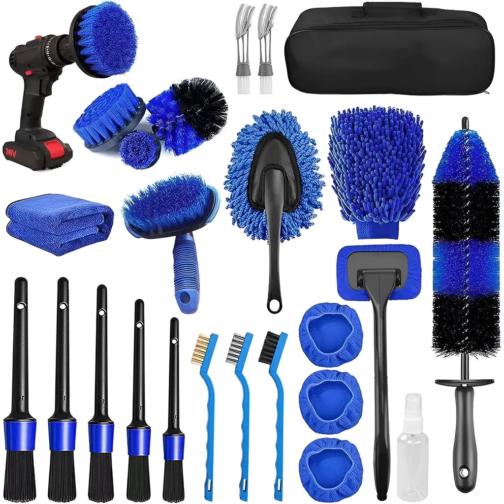 26-piece car wash brush set with PP plastic construction for automotive cleaning