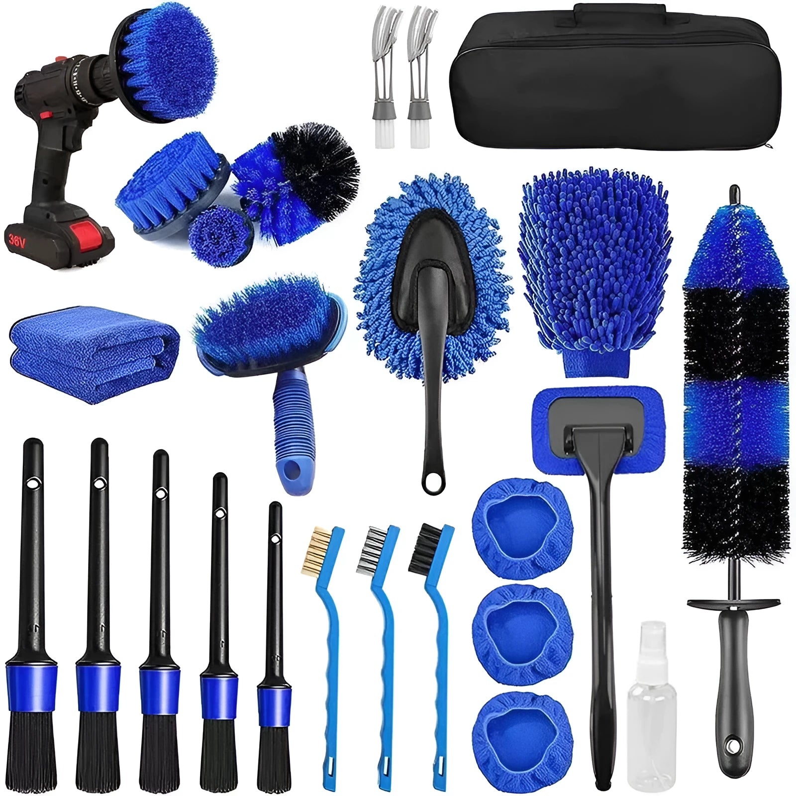 26-piece car wash brush set with PP plastic construction for automotive cleaning
