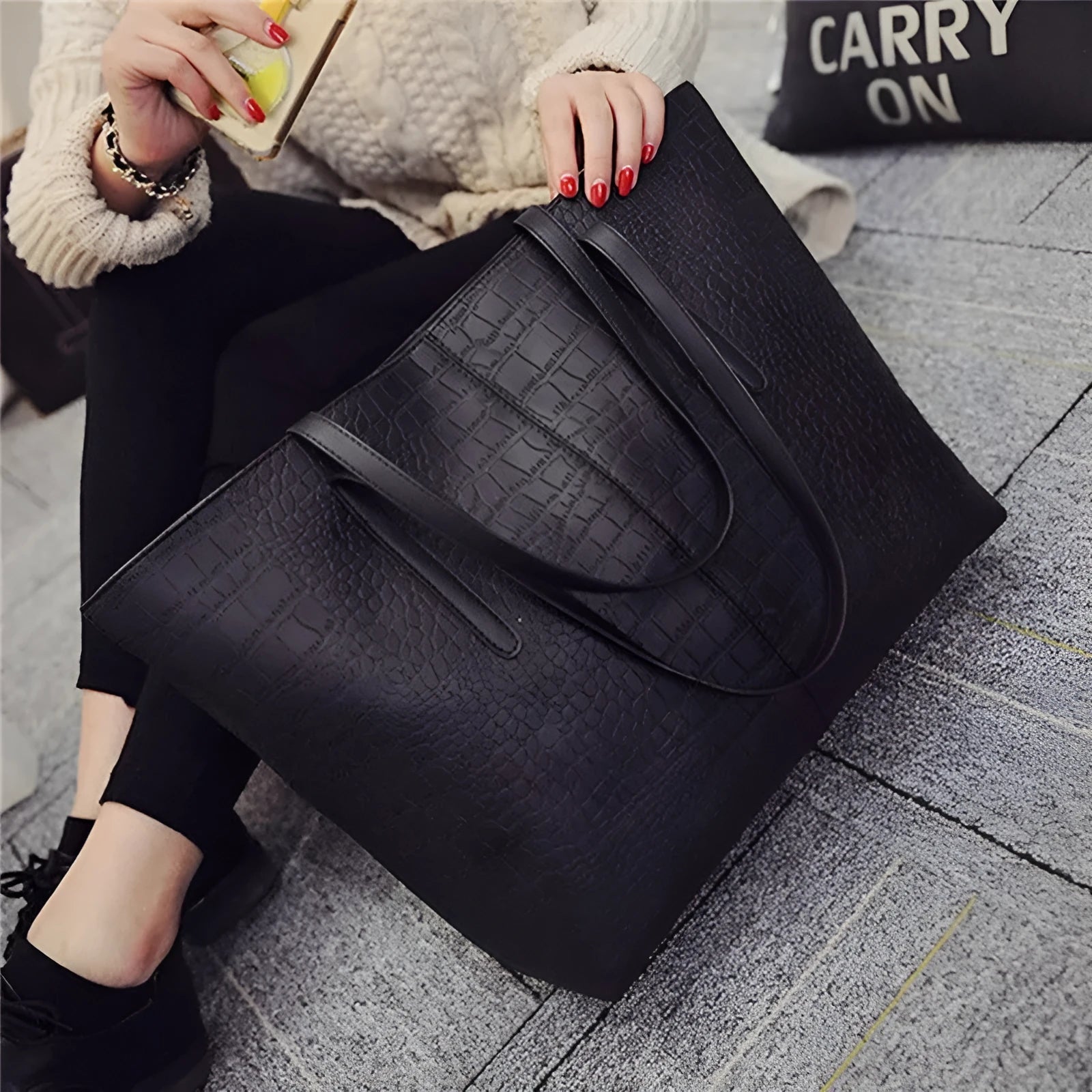 Black and grey PU leather simple fashion shoulder bag with adjustable strap