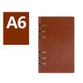 Imitation leather loose-leaf notebook in red, shown open, with A5, A6, and B5 size options.