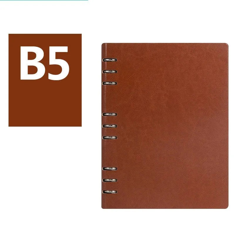 Imitation leather loose-leaf notebook in red, shown open, with A5, A6, and B5 size options.