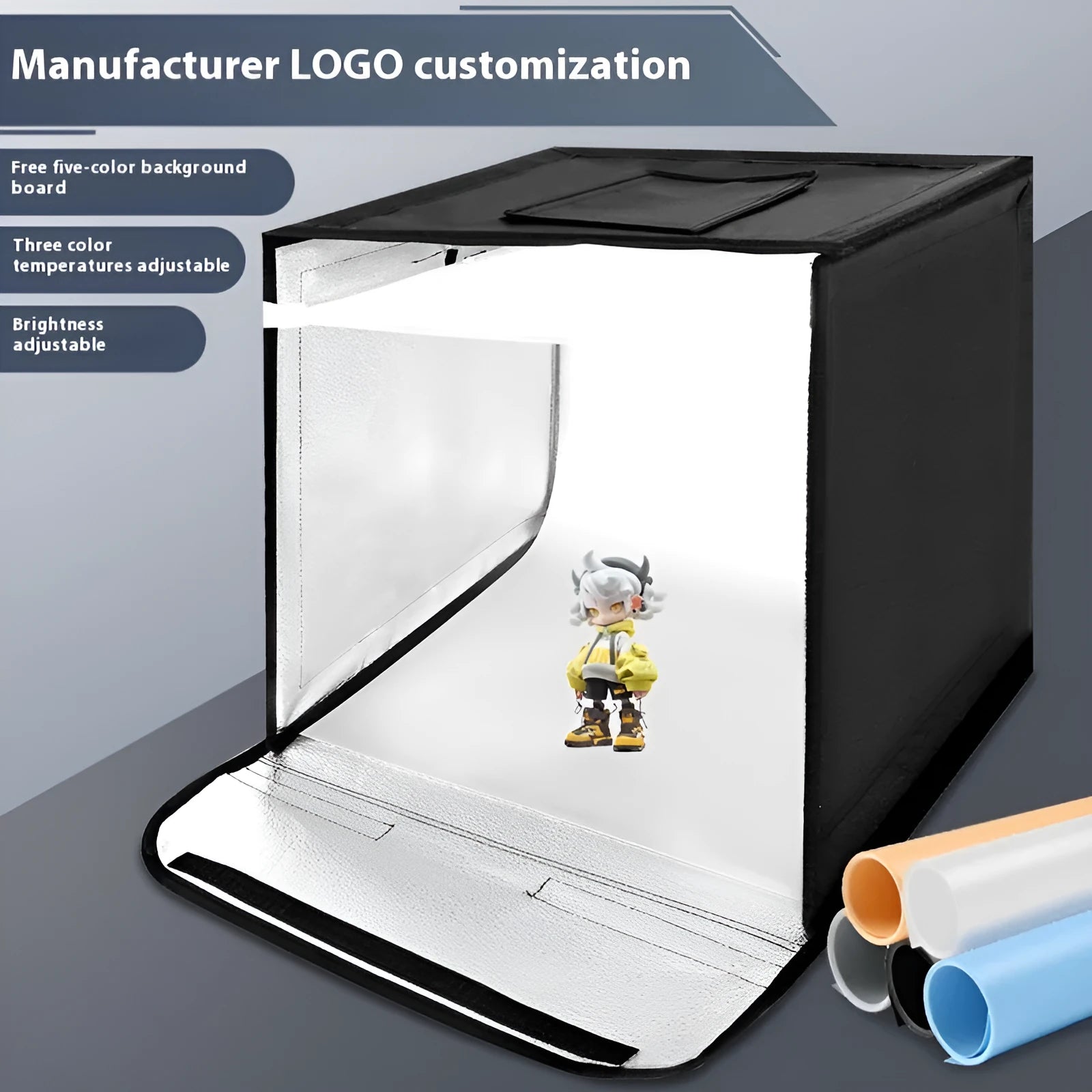 50cm studio light box with metal frame and USB-powered three-colour lighting panel