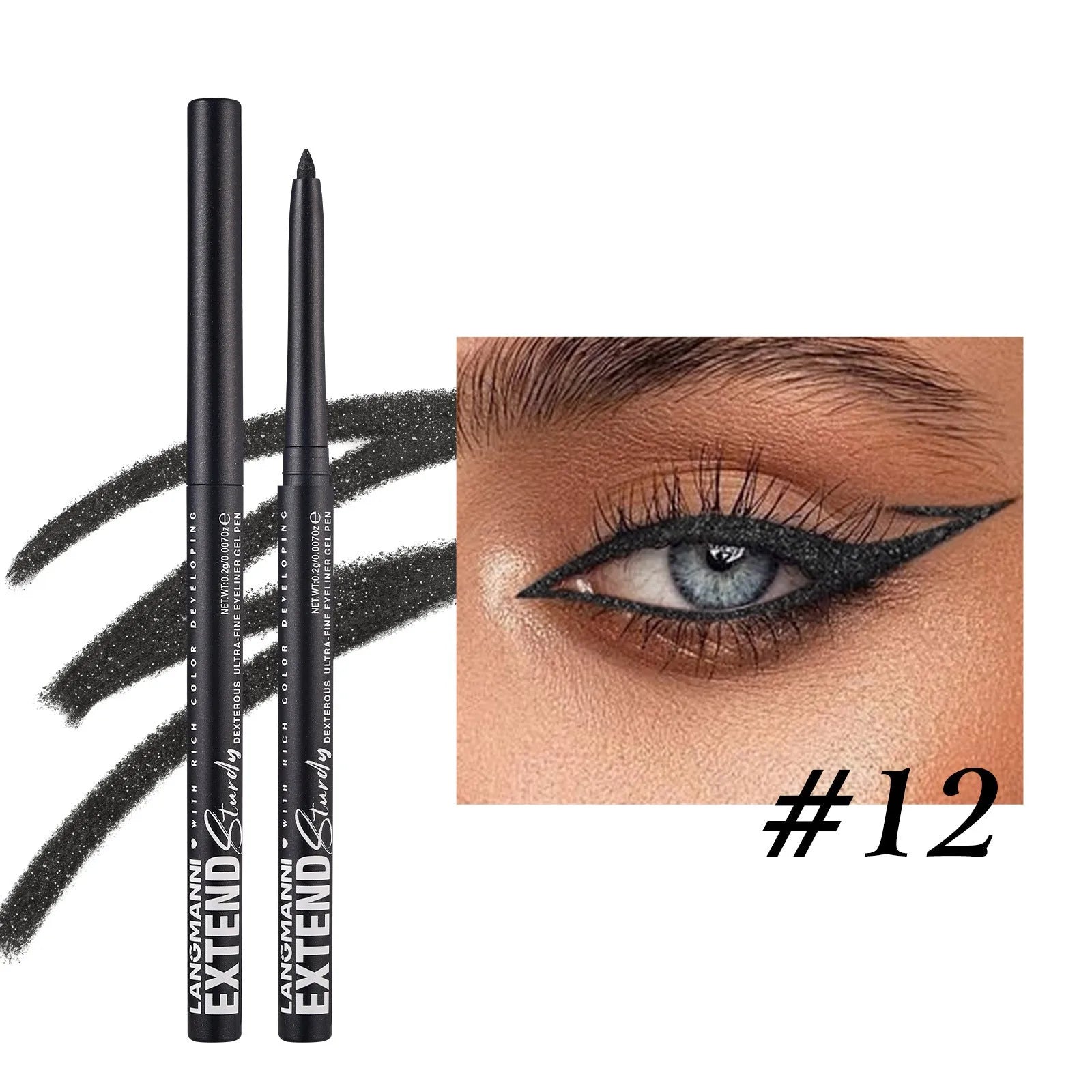 12 colourful eyeliner pencils with matte, glitter, metallic, and pearl finishes in waterproof formula