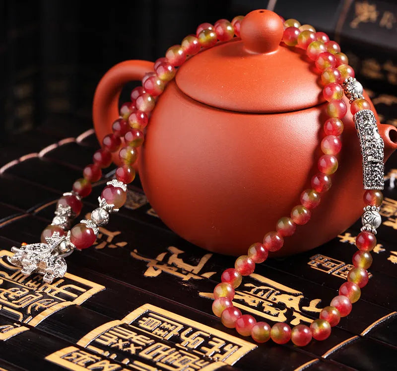 Handmade natural watermelon crystal bracelet with Chinese knot and geometry style design